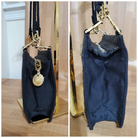 Authentic Versace Couture 90s Gianni Black Satin Gold & Rhinestone Medus… - Picture 5 of 12